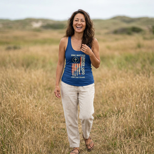 Women's Patriotic Racerback Tank – One Nation Under God, 250 Years