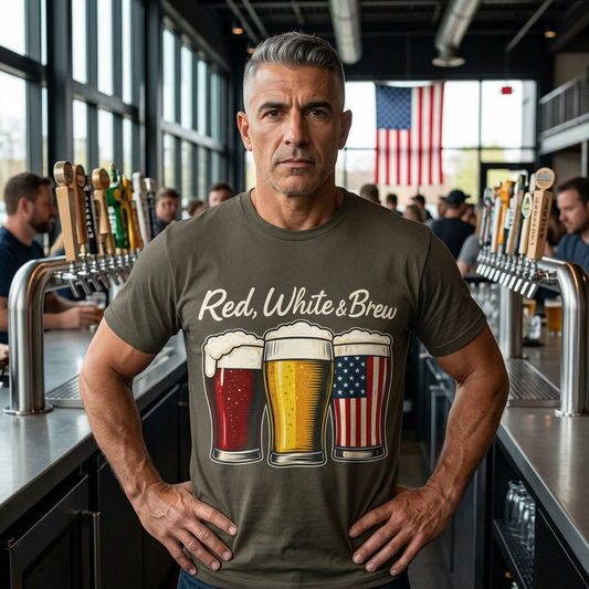 Man wearing a t-shirt with 'Red, White & Brew' design in a bar settin