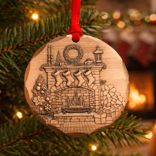 Wooden Christmas 2026ornament with fireplace and stockings design, hanging on a tree.