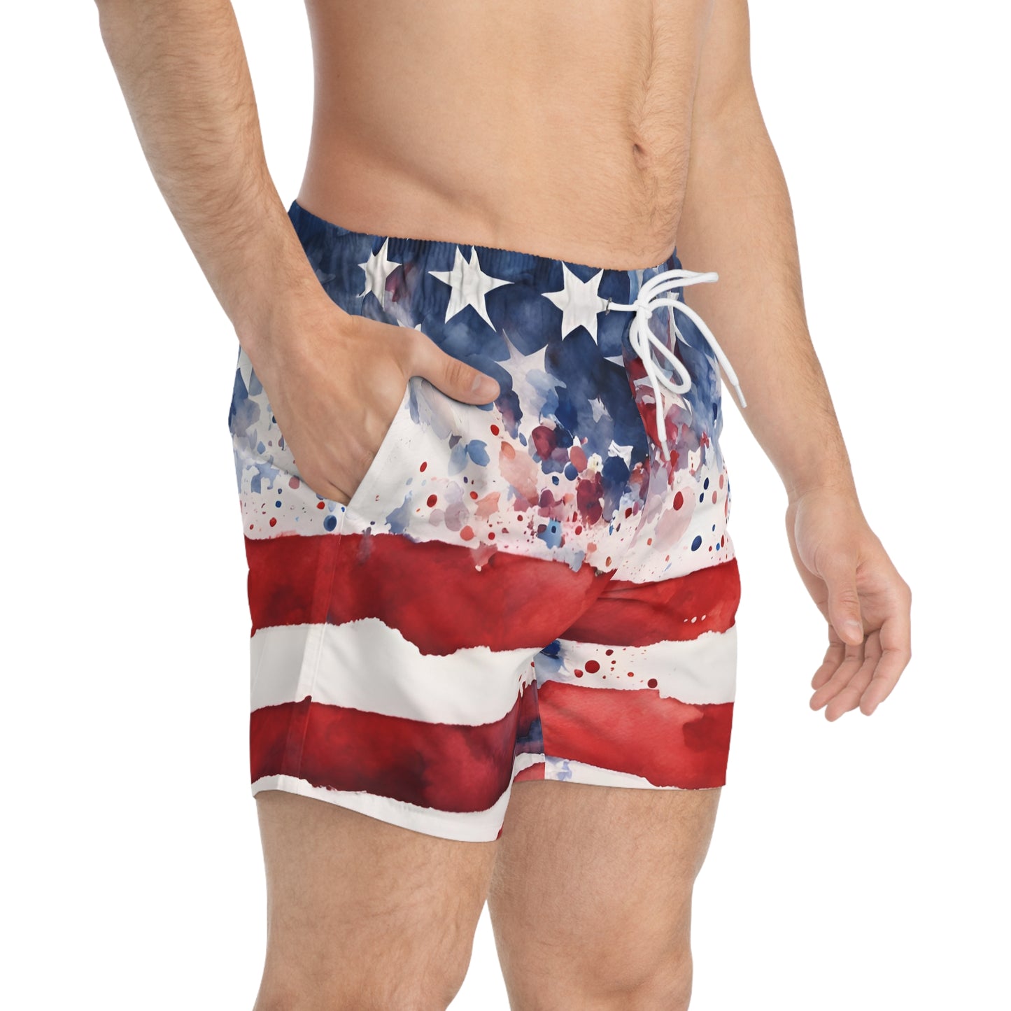 American Flag Watercolor Swim Trunks — Patriotic USA Beach Shorts