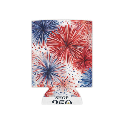 Can cooler with red, blue, and white firework design on a white background
