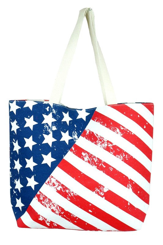 American Flag Canvas Tote Bag - Patriotic USA Print Shoulder Bag