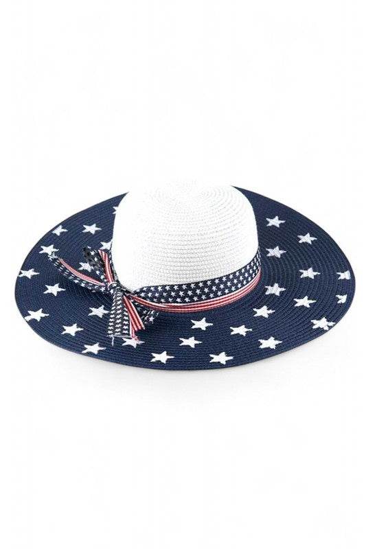 American Flag Straw Floppy Hat - Patriotic Wide Brim Sun Hat