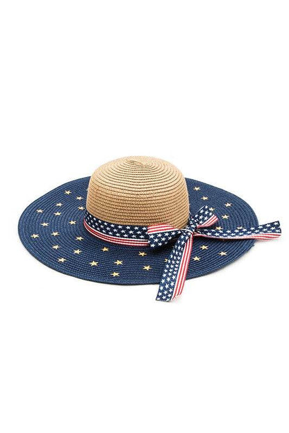American Flag Straw Floppy Hat - Patriotic Wide Brim Sun Hat