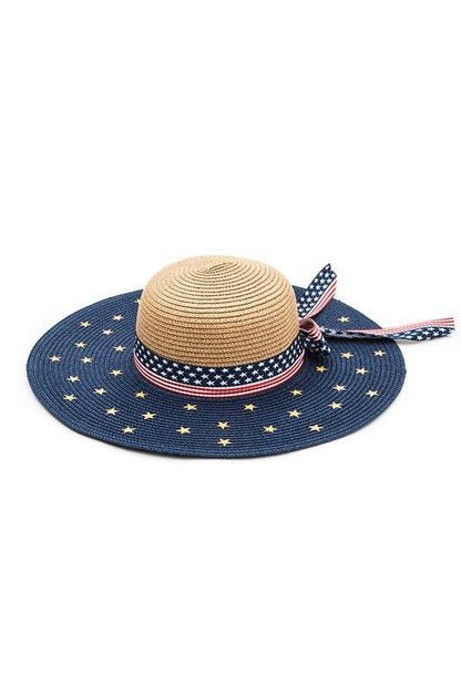 American Flag Straw Floppy Hat - Patriotic Wide Brim Sun Hat