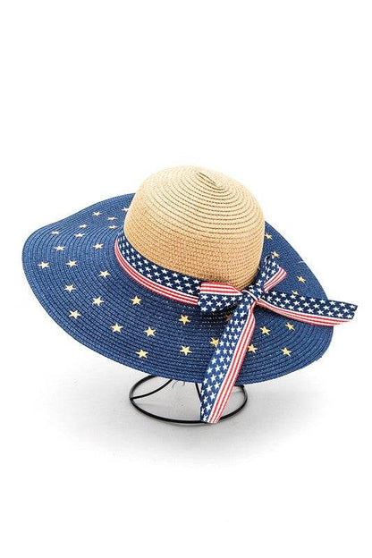 American Flag Straw Floppy Hat - Patriotic Wide Brim Sun Hat