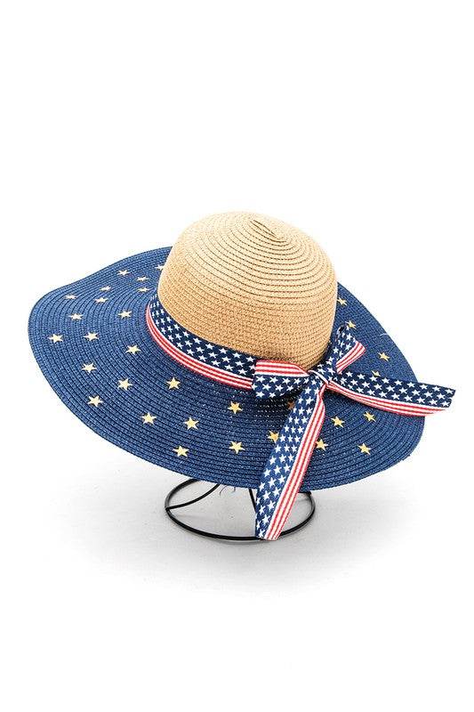American Flag Straw Floppy Hat - Patriotic Wide Brim Sun Hat
