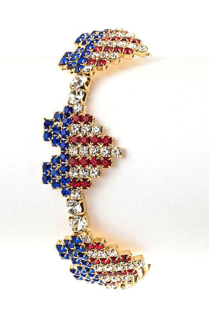 USA Flag Rhinestone Heart Cuff Bracelet - Patriotic Sparkle Jewelry