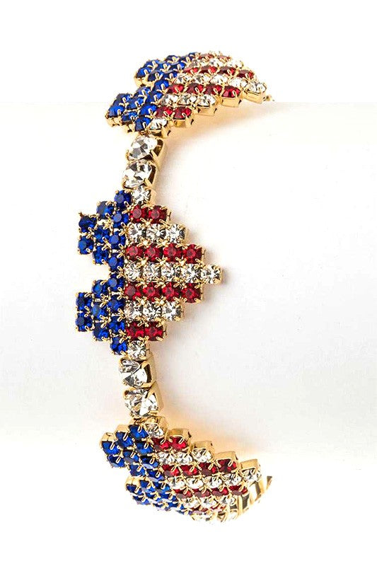 USA Flag Rhinestone Heart Cuff Bracelet - Patriotic Sparkle Jewelry