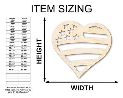 Unfinished Wood American Heart Flag Shape - USA Craft - up to 46"