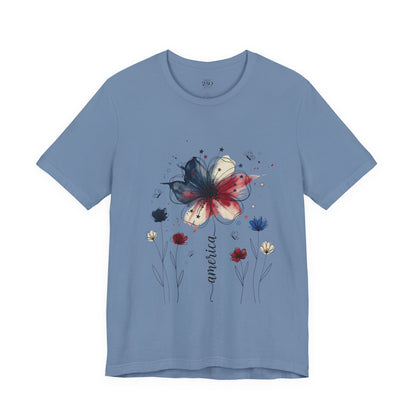 America watercolor floral graphic tee in steel blue, relaxed women's fit, America 250