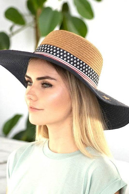 American Flag Straw Floppy Hat - Patriotic Wide Brim Sun Hat