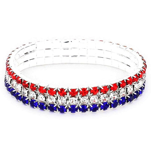 American Flag Crystal Stretch Bracelet - Patriotic Red White Blue Jewelry