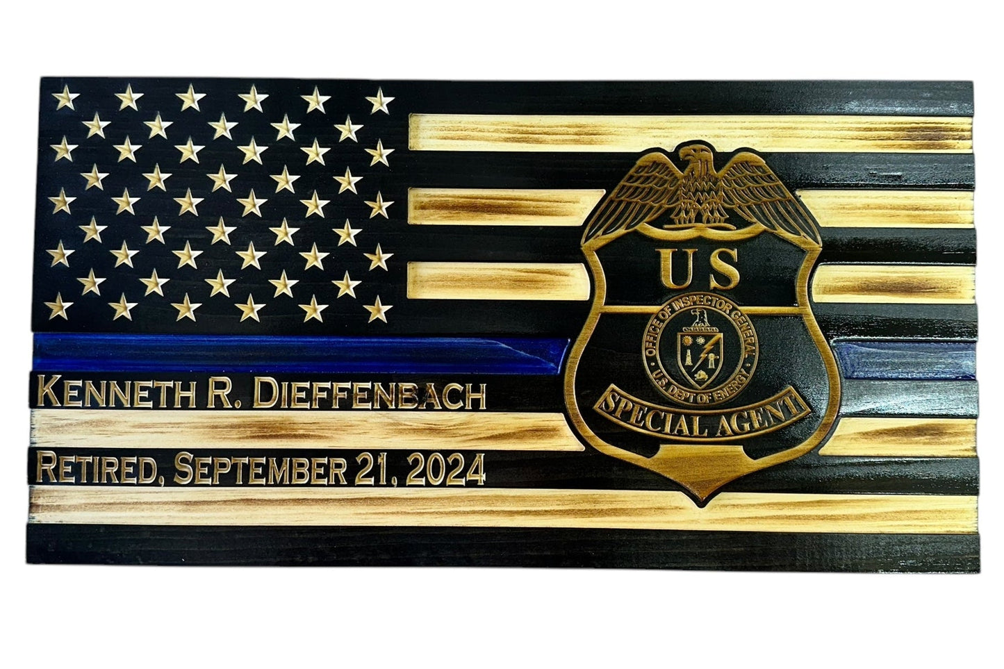 Custom Thin Blue Line Flag with Engraved Badges and Personalized Details