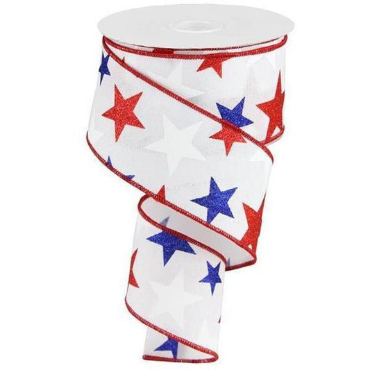 2.5" White Royal Canvas Ribbon: Patriotic Stars (10 Yards)