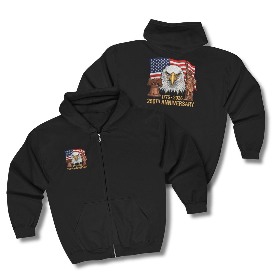 250th Anniversary Eagle Flag Full-Zip Hoodie – 1776–2026 Patriotic Zip-Up