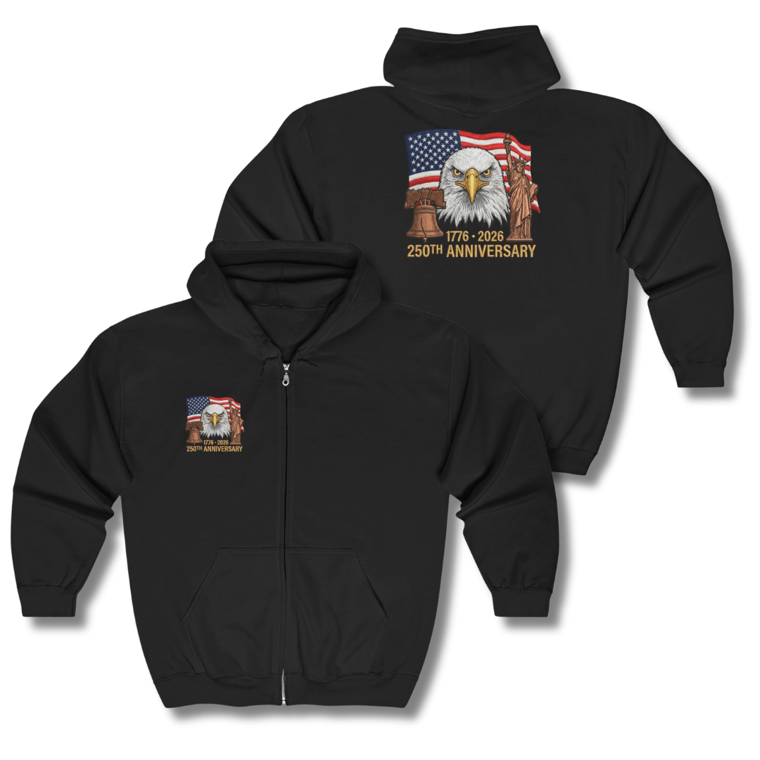 250th Anniversary Eagle Flag Full-Zip Hoodie – 1776–2026 Patriotic Zip-Up