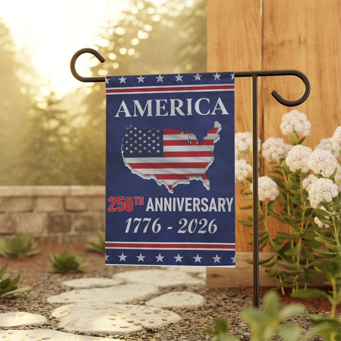 Garden flag celebrating America's 250th anniversary with a map of the United States design, set against a natural background.
