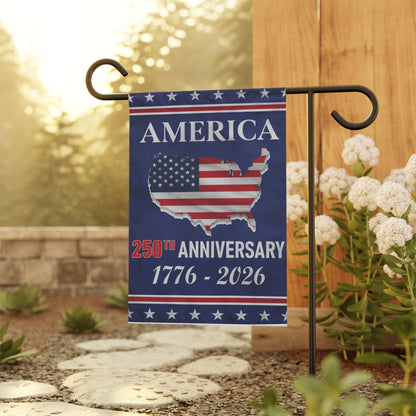 Garden flag celebrating America's 250th anniversary with a map of the United States design, set against a natural background.