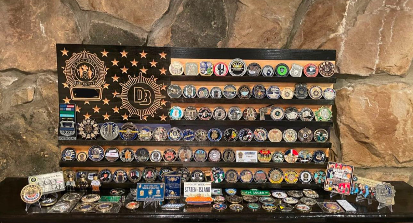 Custom Challenge Coin Display American Flag with Engraved Badge and Personalization