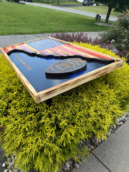 Custom Thin Line American Flag with Badge | 3D Carved First Responder Wall Art