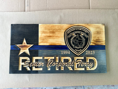 Custom Wooden Retirement American Flag with Personalized Engraving and Badges