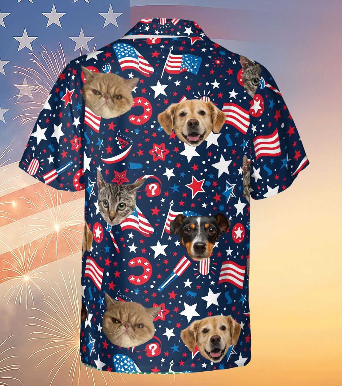 Custom Pet Face Hawaiian Shirt - Personalized Dog Cat Photo 4th of July Shirt