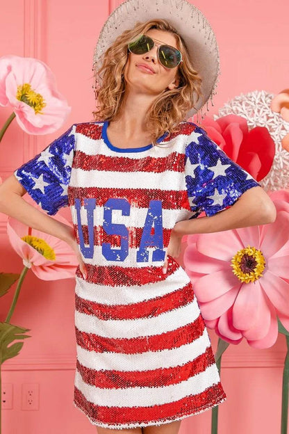 American Flag Sequin Dress - Patriotic USA Print Party Dress for Women