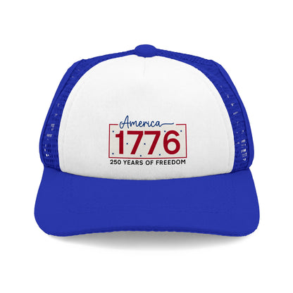America 250 patriotic dog trucker hat in white and blue, 1776–2026 flag design, sizes S/M/L