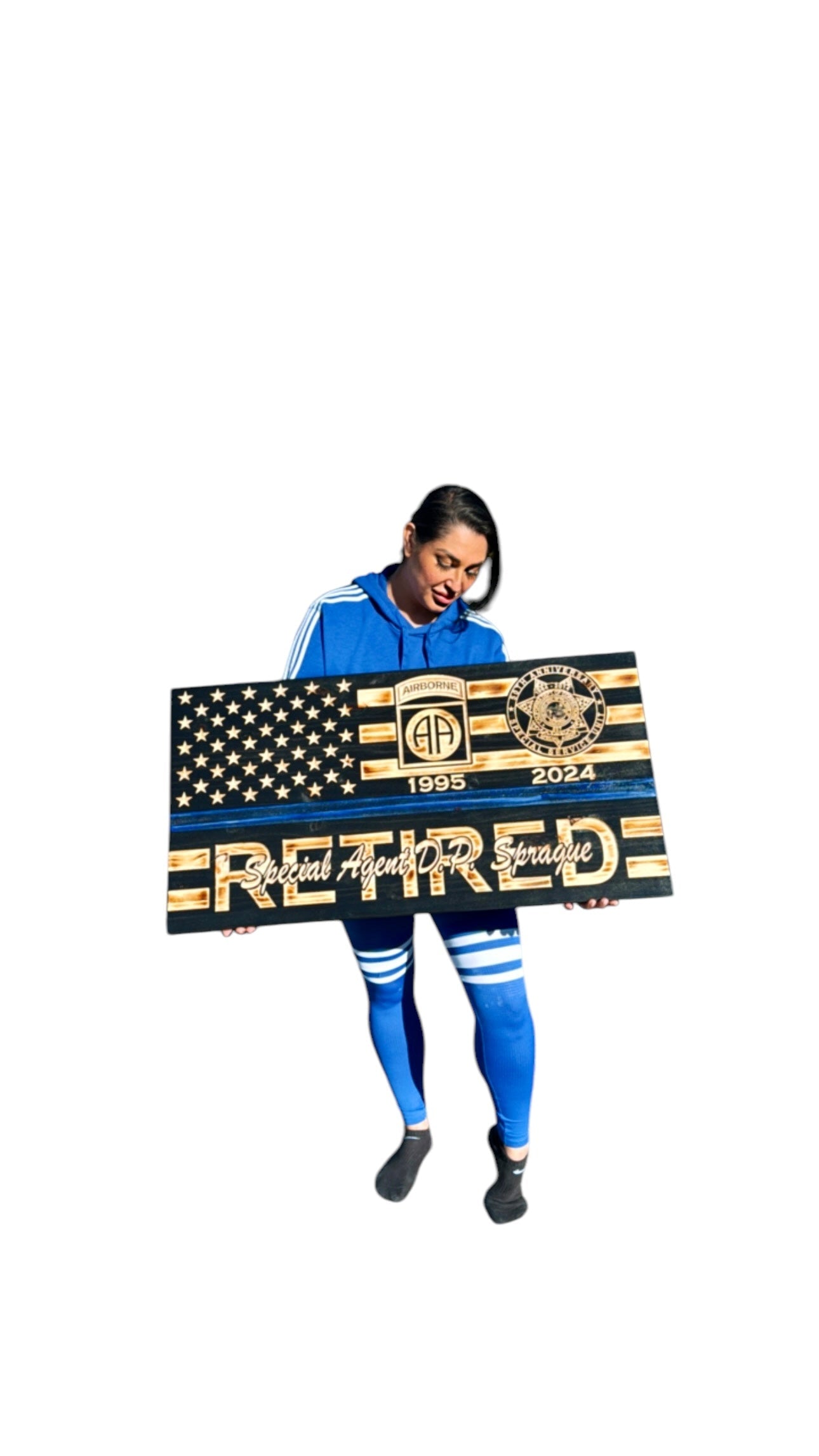 Custom Wooden Retirement American Flag with Personalized Engraving and Badges