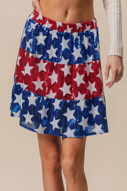 American Flag Star Sequin Skirt - Patriotic Tiered Skirt for Women