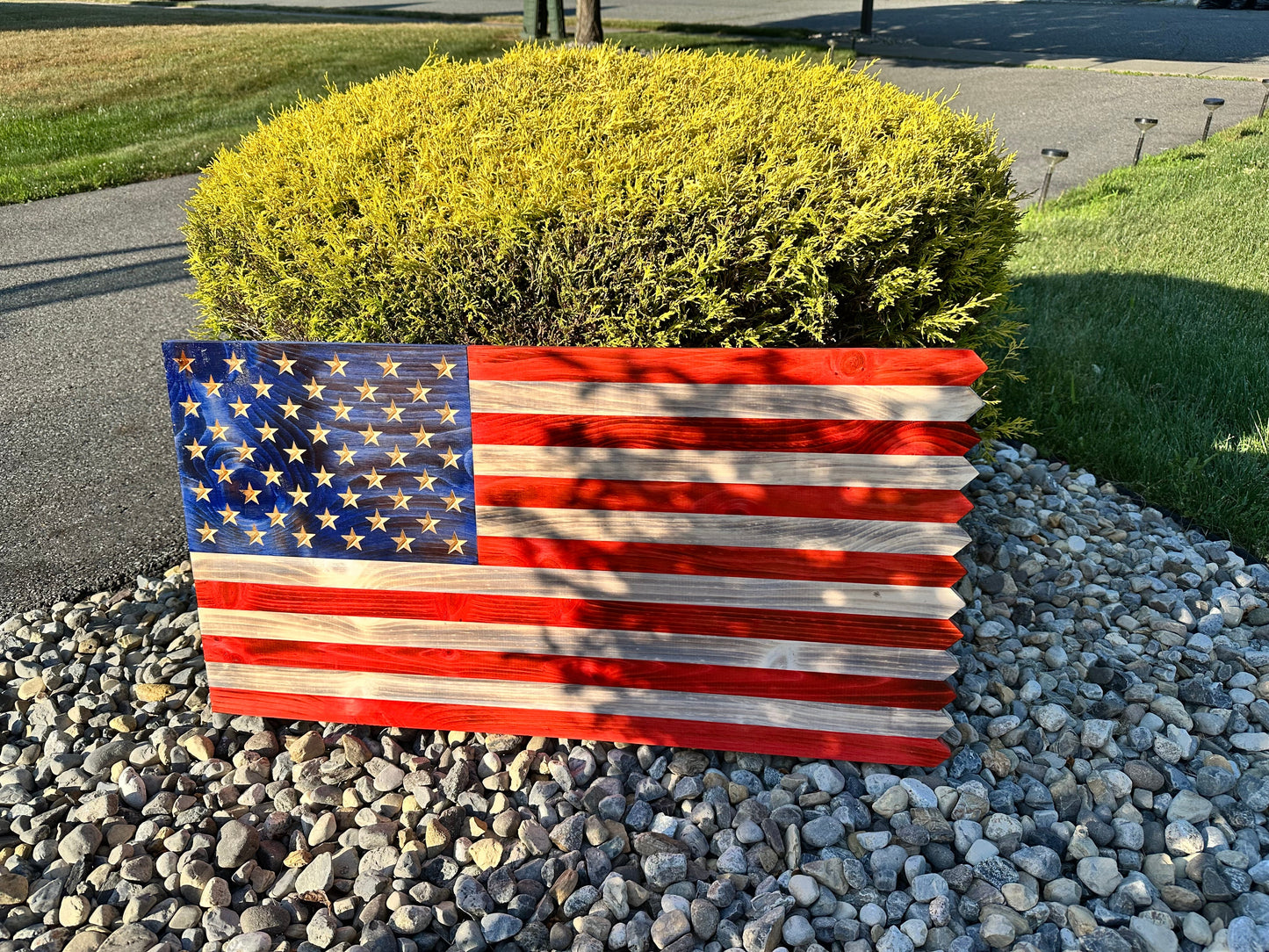 Wooden American Picket Fence Flag with Customization and Ground Stakes
