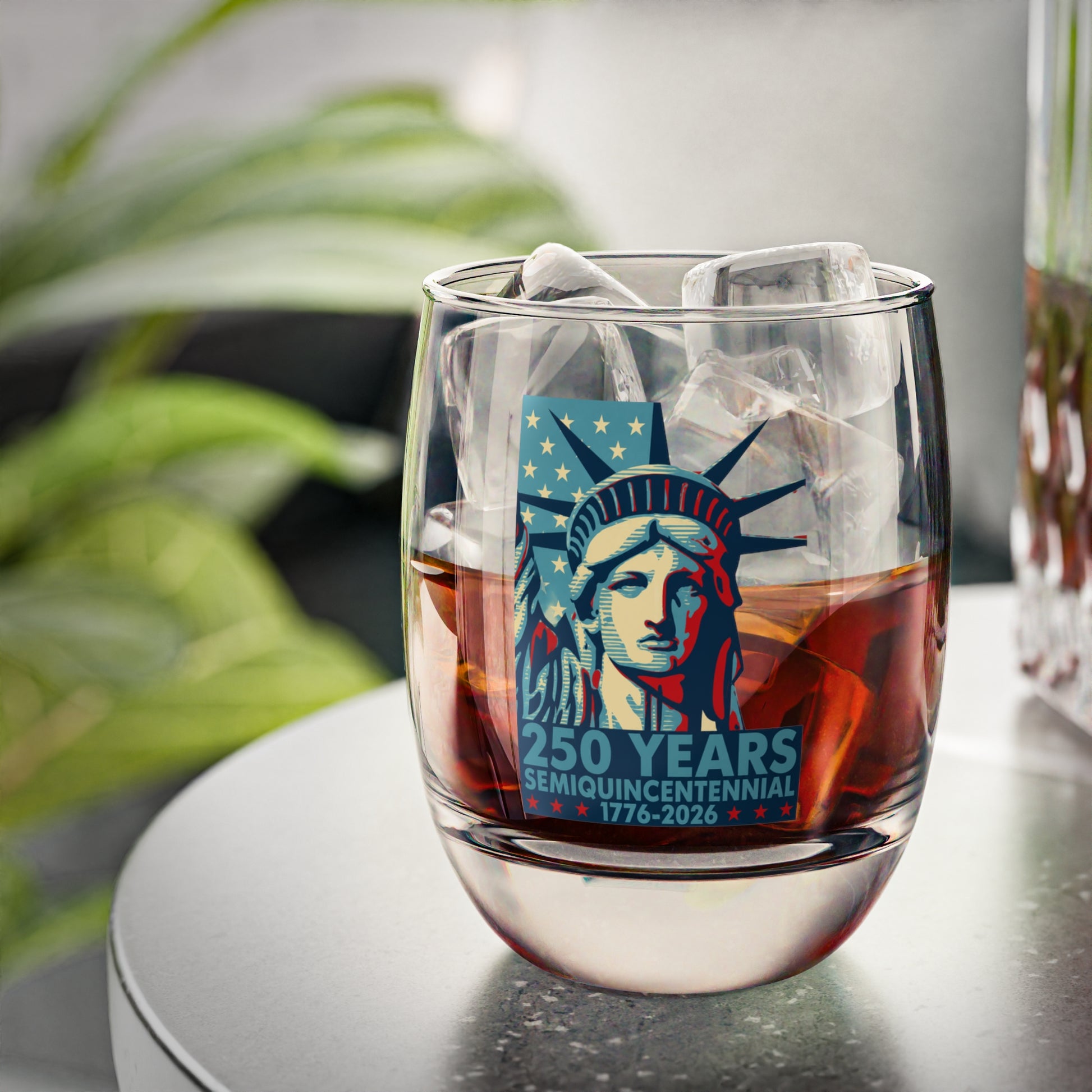 Glass with a design of the Statue of Liberty and '250 Years SemiQuincenntennial' text