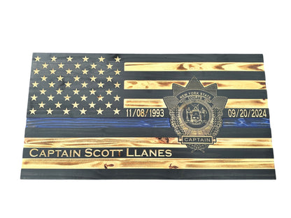 Custom Thin Blue Line Flag with Engraved Badges and Personalized Details