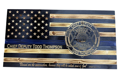 Custom Thin Blue Line Flag with Engraved Badges and Personalized Details