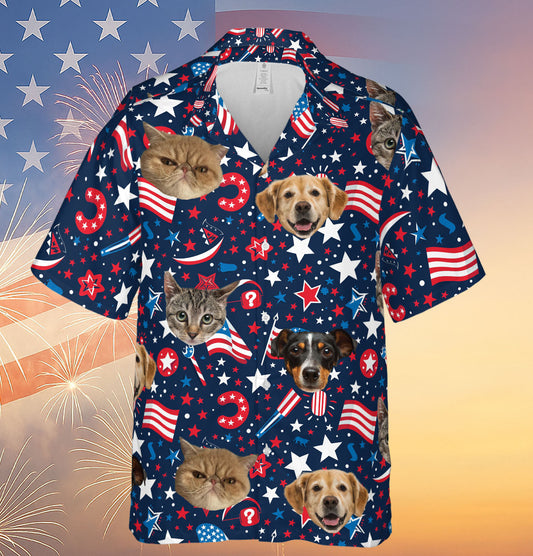 Custom Pet Face Hawaiian Shirt - Personalized Dog Cat Photo 4th of July Shirt
