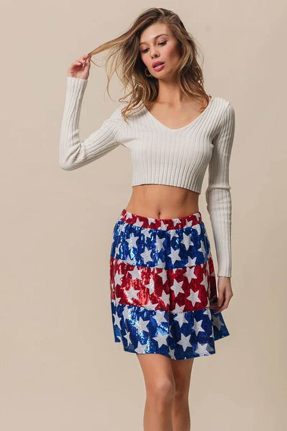 American Flag Star Sequin Skirt - Patriotic Tiered Skirt for Women