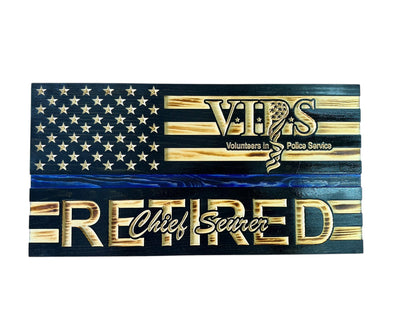 Custom Wooden Retirement American Flag with Personalized Engraving and Badges