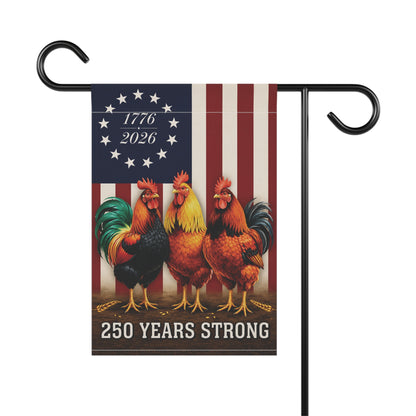 Patriotic Rooster Garden Flag – "250 Years Strong" 1776–2026 USA Banner