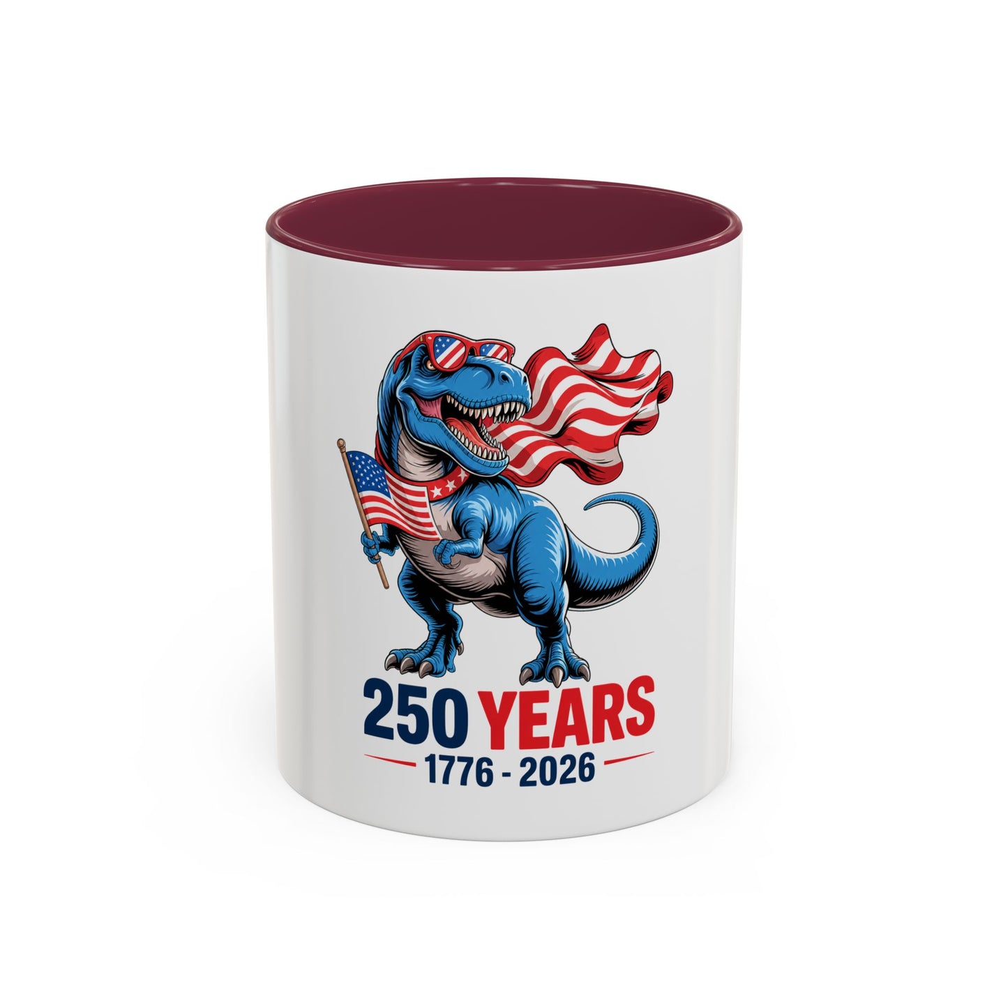 Rex Revere Patriotic T-Rex Mug — America 250 Years 1776–2026 Coffee Cup