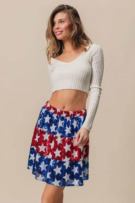 American Flag Star Sequin Skirt - Patriotic Tiered Skirt for Women