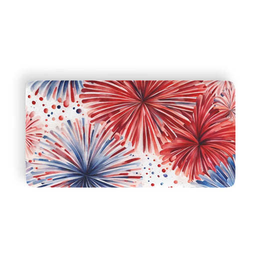 Fitted red, white, and blue bed sheet on a white background