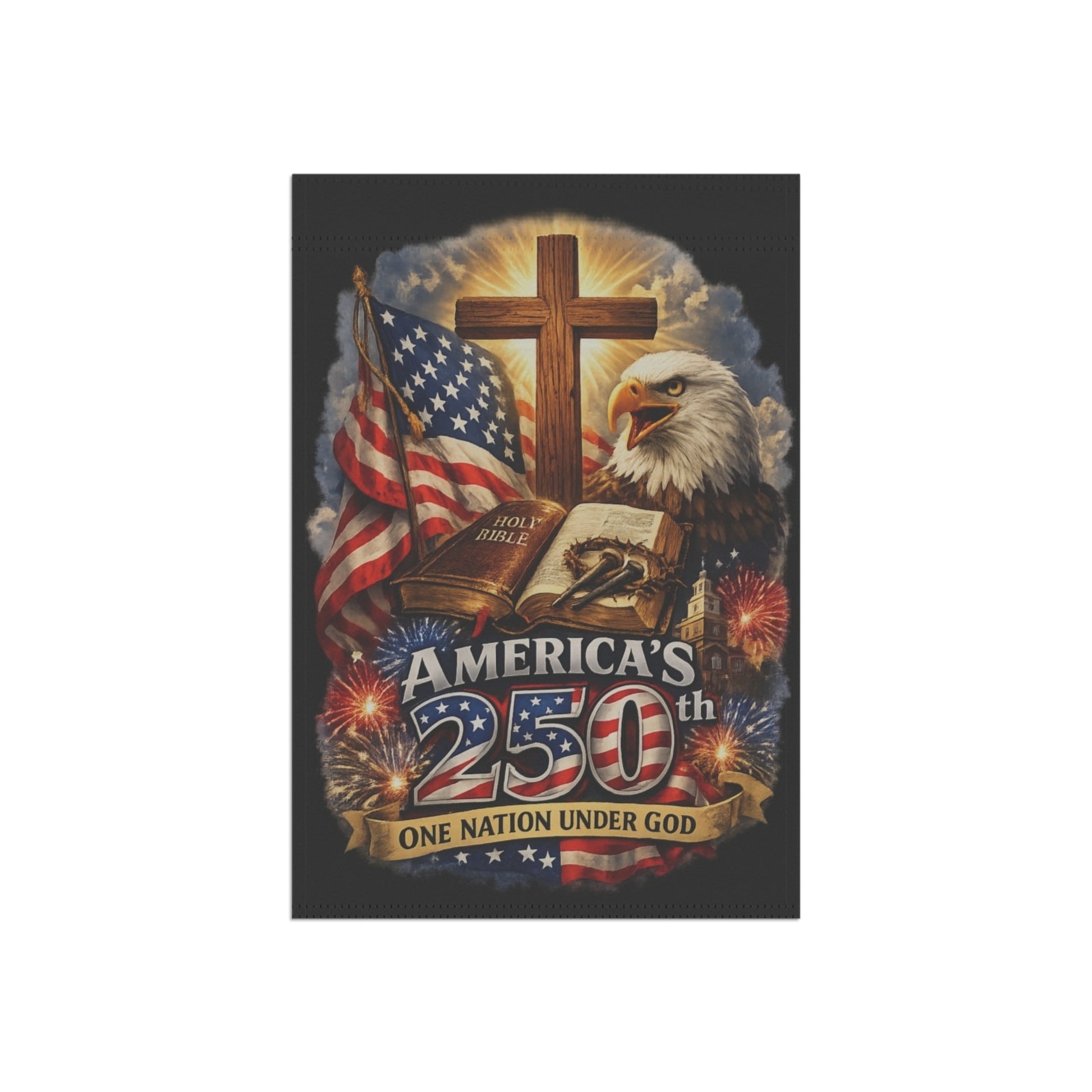 One Nation Under God garden flag — bold bald eagle & cross, America 250 patriotic outdoor banner