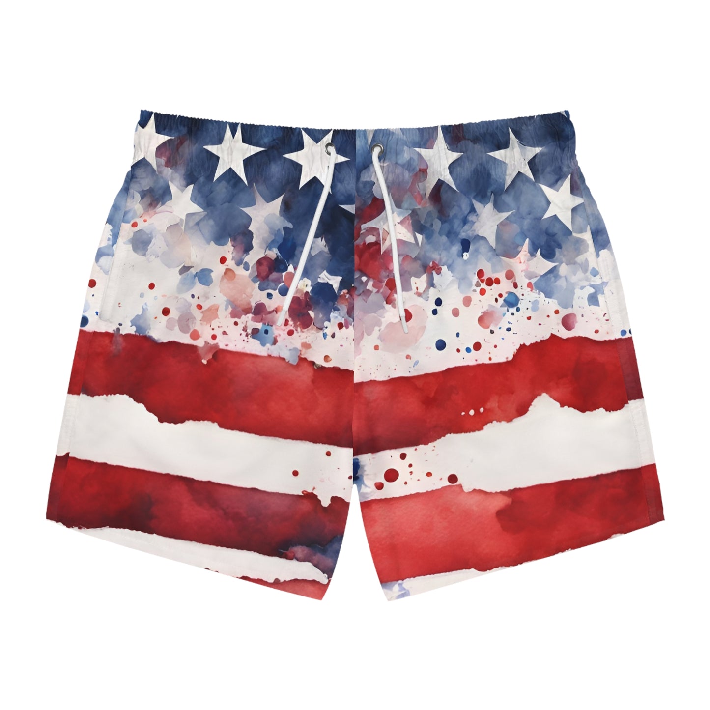 American Flag Watercolor Swim Trunks — Patriotic USA Beach Shorts