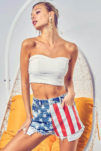US Flag Bleached Denim Shorts - Patriotic Raw Hem Jean Shorts