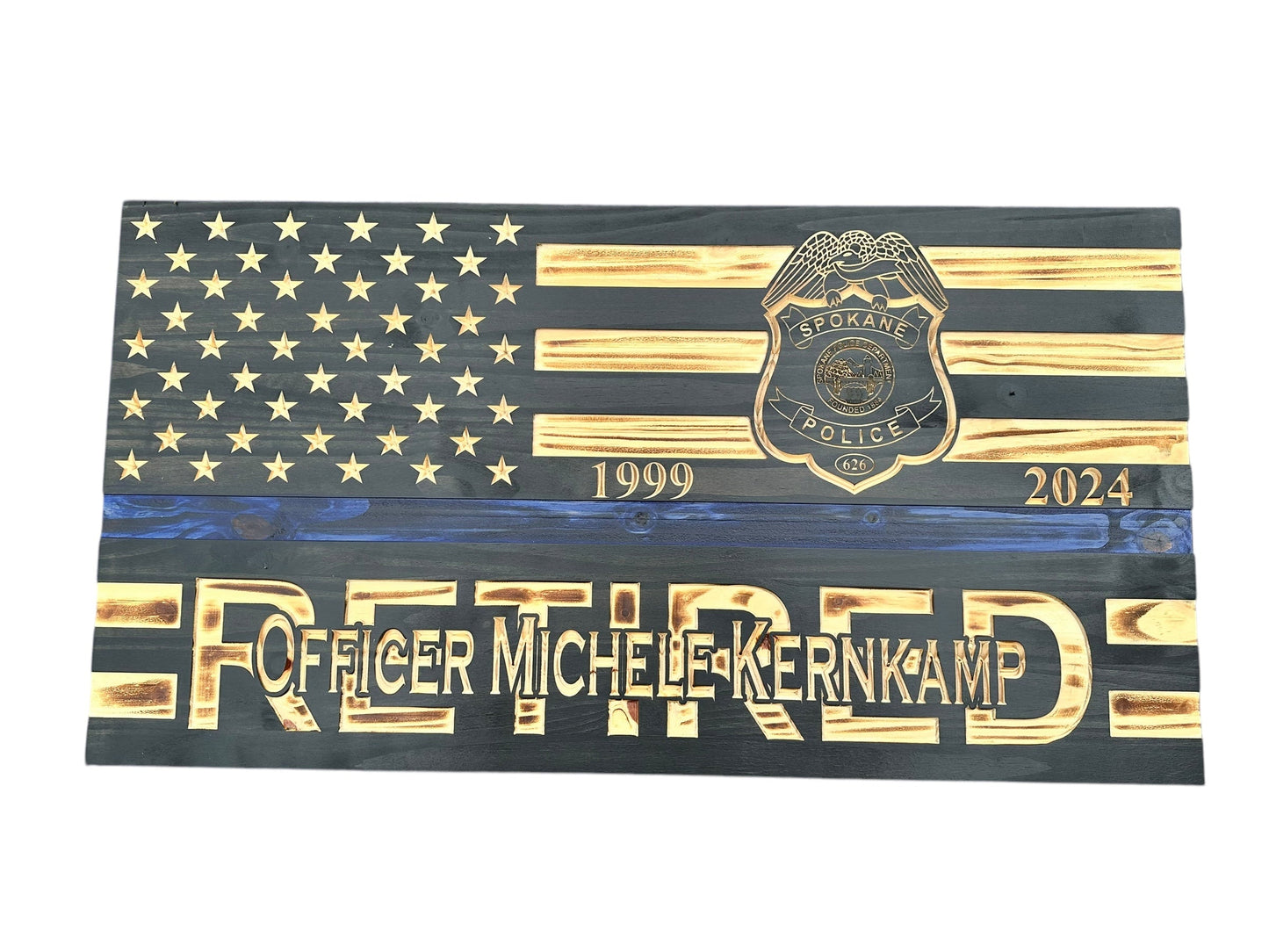 Custom Wooden Retirement American Flag with Personalized Engraving and Badges