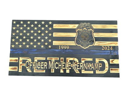 Custom Wooden Retirement American Flag with Personalized Engraving and Badges