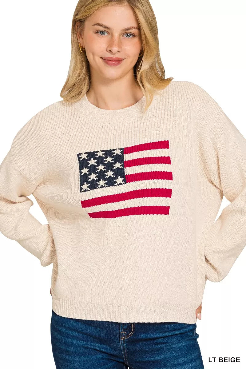 Zenana American Flag Crew Neck Sweater
