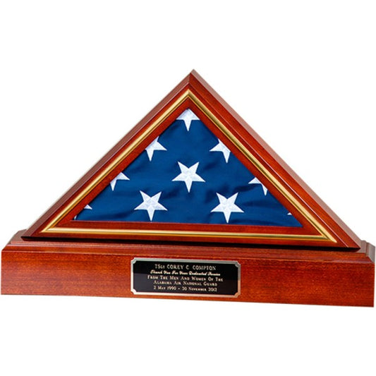 Flag and Pedestal Display Case, Gold Trim Flag Display Case, Gold Trim