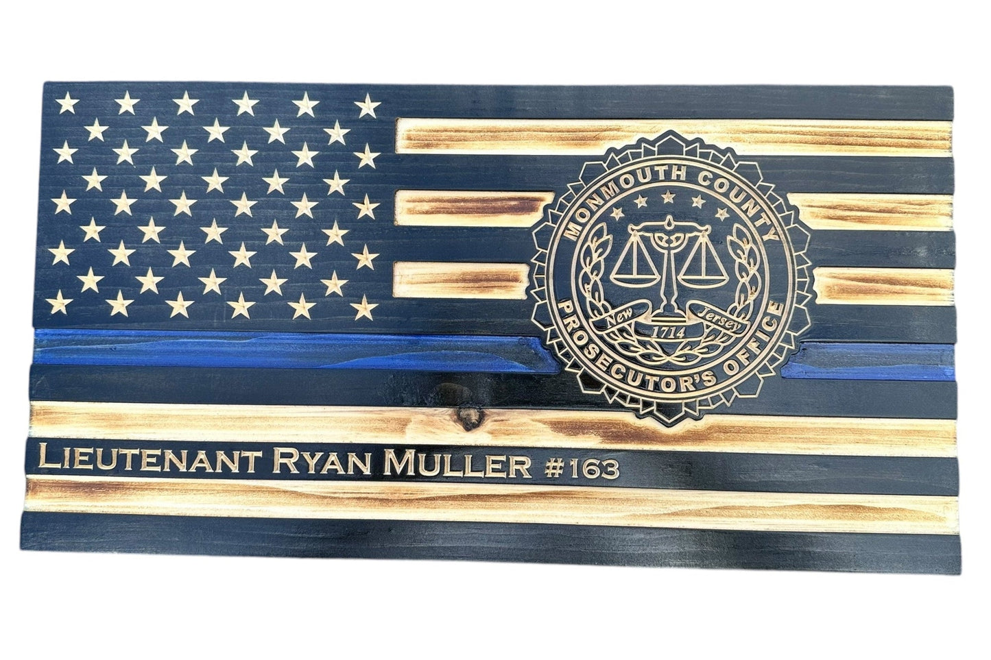 Custom Thin Blue Line Flag with Engraved Badges and Personalized Details